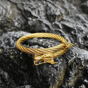 Vintage gold dragon head titanium steel open bangle with intricate twisted cable texture