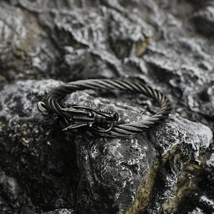 Vintage black stainless steel dragon head cuff bracelet with twisted rope design on rock