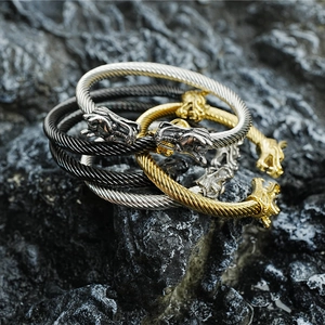 Brazalete Abierto Vintage de Cable Trenzado con Cabeza de Dragón Para Hombre Mujer de Acero de Titanio Punk Joyería