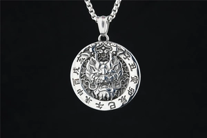 Detailed view of titanium steel dragon pendant with engraved Chinese zodiac symbols