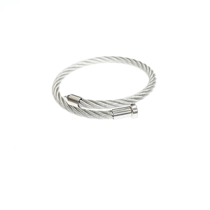 Polished silver twisted cable wire cuff bracelet with industrial cylinder end caps