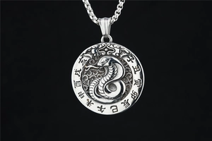 Macro shot of silver zodiac pendant necklace featuring a snake and Chinese characters