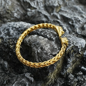 Men's vintage titanium steel lion head bracelet with gold braided open cuff design