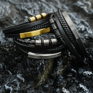 Men's Multi-layer Braided Cowhide Leather Bracelet With Titanium Steel Magnetic Buckle Punk Street Hip Hop Bangle Jewelry