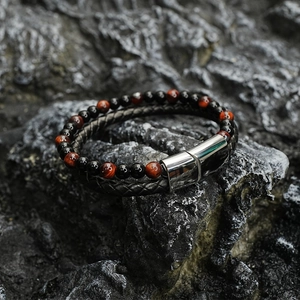 Double-layer braided leather bracelet with black beads and tiger eye stone for men