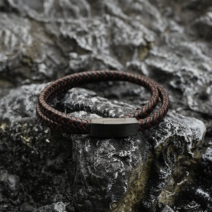 Handmade double-layer braided cord bracelet with matte black magnetic metal buckle