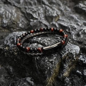 Double-layer men's bracelet with tiger eye beads and black woven leather and magnetic clasp