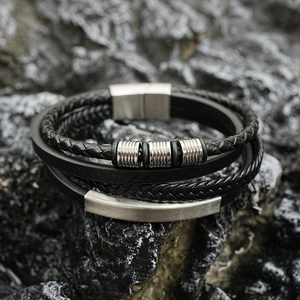 Men's multilayer braided leather bracelet with silver steel beads and magnetic buckle