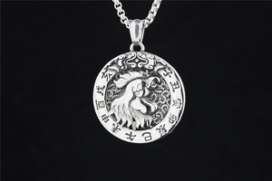 Detailed relief of Rooster zodiac pendant with Chinese characters on a steel chain