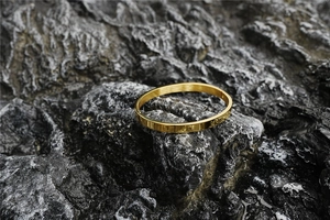 Minimalist gold oval steel bangle with polished finish on a textured dark stone background