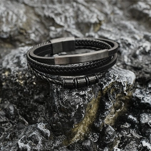 Black multilayer braided leather and titanium steel magnetic clasp bracelet for men and women