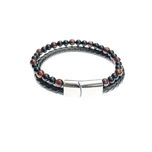 Men's double-layer leather bracelet with tiger eye stone and volcano beads on white background