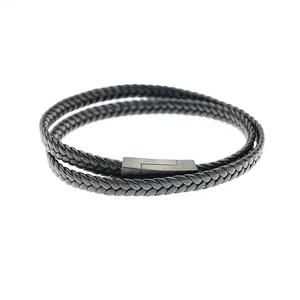 Retro hand-woven double-layer leather bracelet with black magnetic clasp for couples