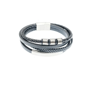 Multi-layer black leather braided bracelet with magnetic steel clasp and metal plate