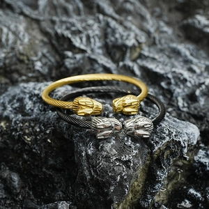 Bracelet Jonc Ouvert En Acier Inoxydable Câble Torsadé Avec Tête De Loup Lion Pour Hommes Femmes Bijoux Punk