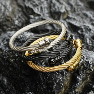 Stainless Steel Twisted Cable Open Bangle Bracelet With Metal Ball Ends For Men Women Industrial Punk Style Jewelry