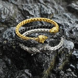 Viking Wolf Head Bracelet Stainless Steel Braided Open Cuff Bangle For Men Women Nordic Gothic Retro Hip Hop Jewelry