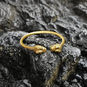 Bracelet jonc ouvert torsadé doré avec têtes de lion vintage en acier inoxydable