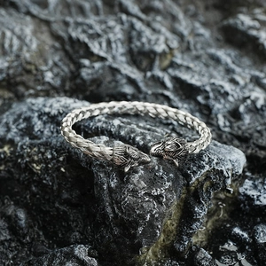 Vintage silver Viking wolf head open cuff bracelet with braided steel wire design