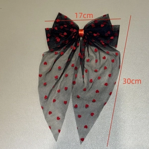 Large black mesh bow hair clip with red heart pattern for Valentine's Day party