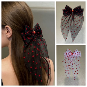 Valentine Day Heart Pattern Bow Mesh Streamer Duckbill Hair Clip Sweet Romantic Large Fairy Hairpin For Women Party Accessories