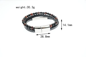 Detailed view of beaded leather men's bracelet with dimensions and silver magnetic clasp