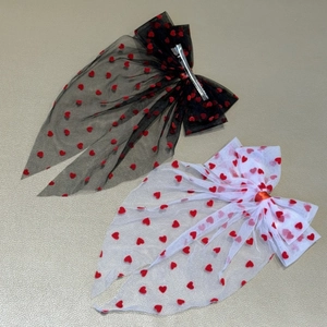 Sweet mesh bow hair clips with red flocked hearts in black and white styles