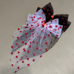 Romantic mesh bow hair clips with red heart patterns and long ribbons in black and white