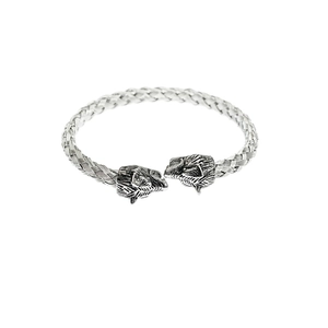 Retro titanium steel wolf head open bangle featuring intricate silver braided metal design