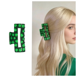 Pinza per Capelli con Trifoglio per il Giorno di San Patrizio in Acrilico Verde Trifoglio per Donna Accessorio Festivo