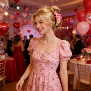 Detail shot of a sweet pink hair claw with heart patterns worn at a festive party scene