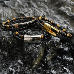Bracelet Homme Cuir Pierre Oeil De Tigre Rétro Tressé Multi Couches Fermoir Magnétique En Acier Inoxydable Bijoux Hommes