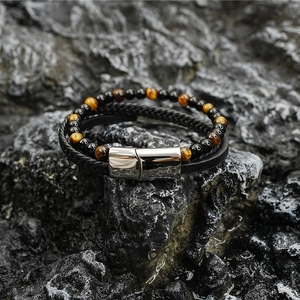 Bracelet multi-rangs rétro pour hommes avec onyx, perles œil de tigre et cuir