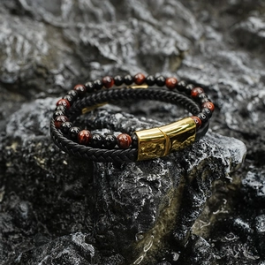 Men's double-layer tiger eye stone beads and black braided leather bracelet with gold clasp