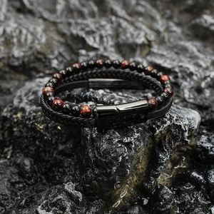 Men's multilayer red tiger eye stone beads and braided leather bracelet with magnetic clasp