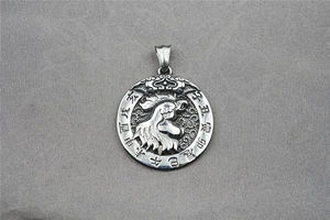 Macro view of vintage silver steel pendant with zodiac rooster relief and Chinese glyphs