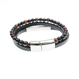 Three-layer men's bracelet with tiger eye beads, braided leather and stainless steel clasp