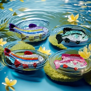 Detailed view of colorful trout hair claw clips with pearlescent acetate texture on water tray