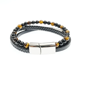 Bracelet pour homme à trois couches avec perles œil de tigre, cuir tressé et fermoir argent