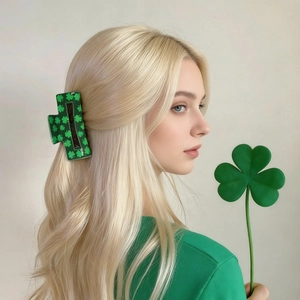 Dettaglio della molletta per capelli con trifoglio verde su capelli biondi per San Patrizio