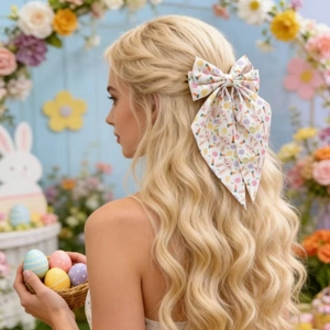 Easter hair bow clip with colorful bunny and egg prints on long flowing streamers