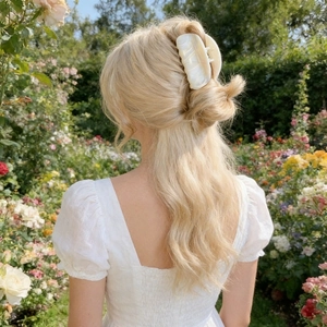 Close-up of marble pattern hair claw clip styled on a model in a vibrant rose garden