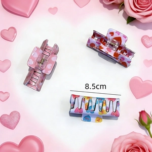 Three-piece set of square hair claws with colorful heart patterns, 8.5cm acrylic hair clips