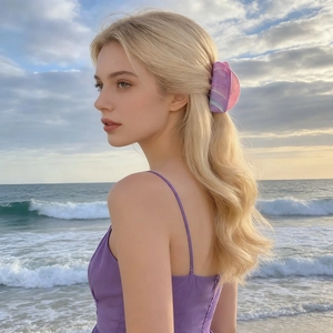 French marble ink texture hair claw clip shown on blonde model at sunset beach