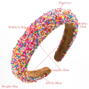 Colorful padded sponge headband with candy-style bead embellishments and size chart