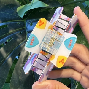 Square acrylic hair claw clip with colorful love hearts and be mine text patterns