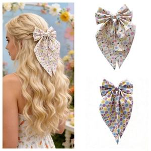 Easter Bunny Egg Print Big Bow Hair Clip With Long Streamers Sweet Fabric Ribbon Spring Hairpin For Women Girls Party Accessories