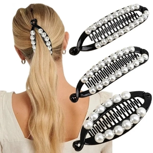 Elegant Banana Hair Clips With Simulated Artificial Pearl And Rhinestones Black Acrylic Horse Tail Clip For Wedding Party Women Jewelry