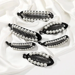 6-piece black banana hair clip set with white faux pearls and rhinestones on silk