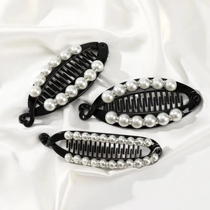 3-piece set of black banana hair clips with elegant white pearls and sparkling rhinestones